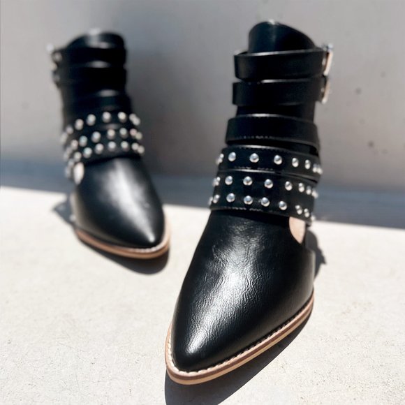 NEW Black Studded Cutout Buckle Strap Pointy Toe Block Heel Ankle Booties Vegan - Picture 7 of 16